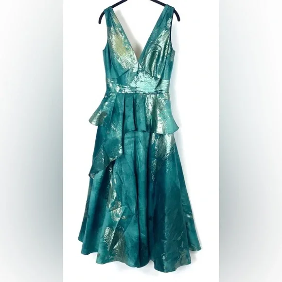 green emerald velvet dress Marchesa Notte Tiered Midi Dress